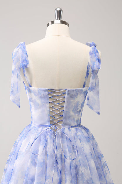 Cute Blue A Line Spaghetti Straps Pleated Short Homecoming Dress With Lace Up Back