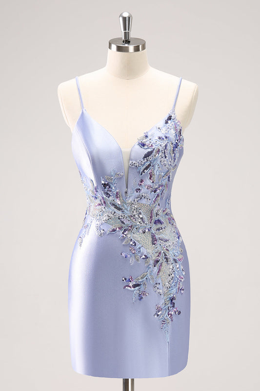 Sparkly Blue Spaghetti Straps Corset Sequin Tight Homecoming Dress with Beading