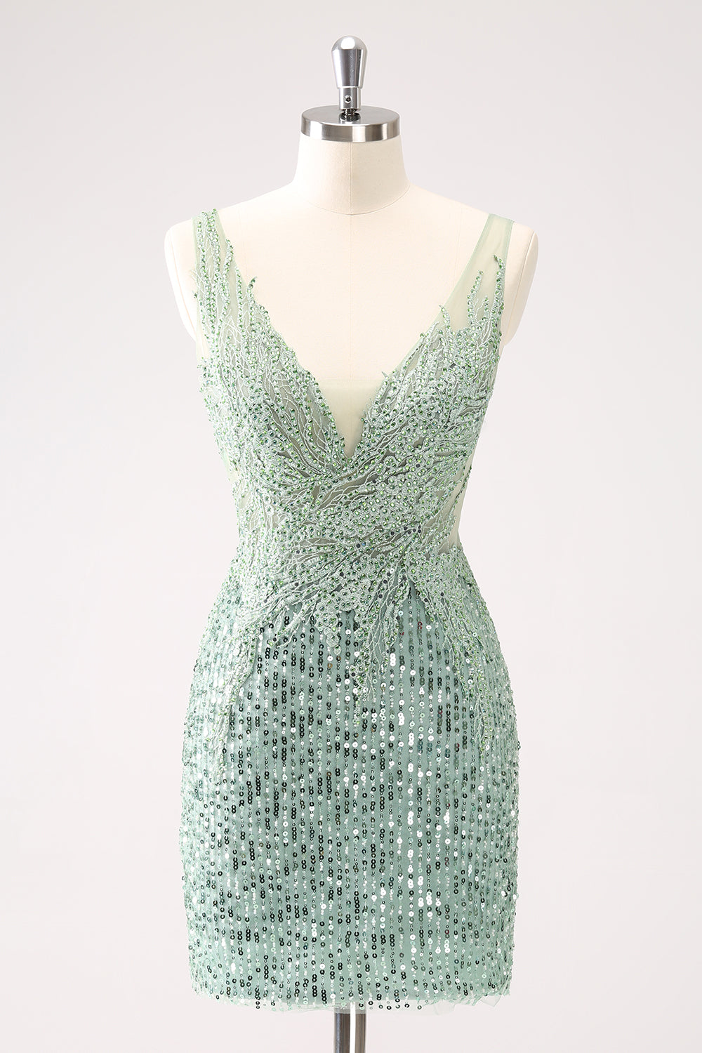 Sparkly Green Bodycon V Neck Sequin Short Homecoming Dress with Beading