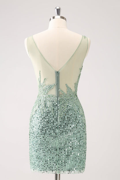 Sparkly Green Bodycon V Neck Sequin Short Homecoming Dress with Beading