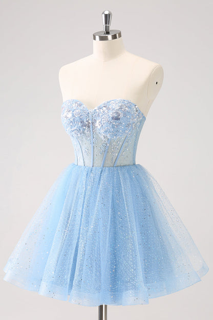 Sparkly Sky Blue A Line Sweetheart Corset Short Homecoming Dress with Sequins