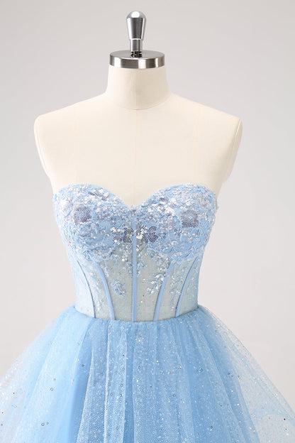 Sparkly Sky Blue A Line Sweetheart Corset Short Homecoming Dress with Sequins