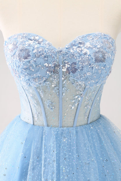 Sparkly Sky Blue A Line Sweetheart Corset Short Homecoming Dress with Sequins