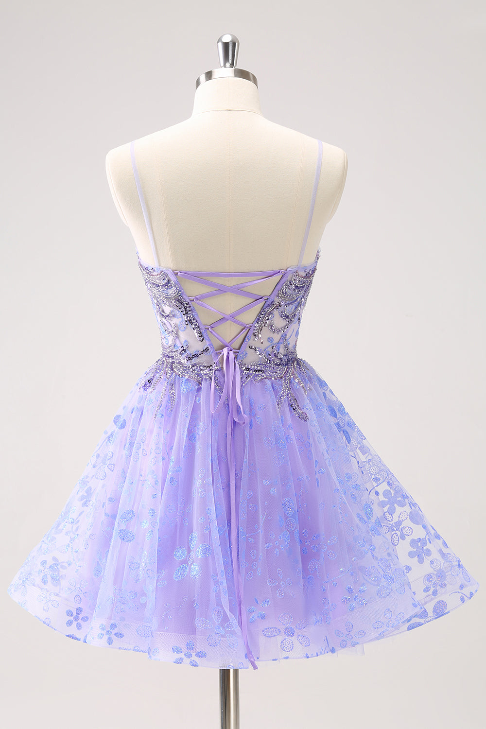 Sparkly Lilac A Line Corset Floral Short Homecoming Dress with Sequins