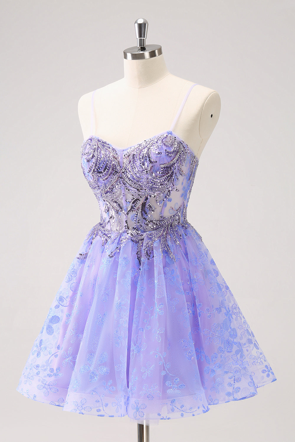 Sparkly Lilac A Line Corset Floral Short Homecoming Dress with Sequins