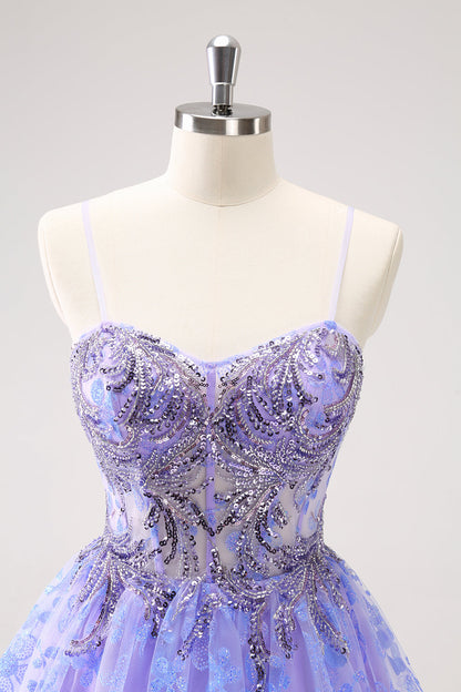 Sparkly Lilac A Line Corset Floral Short Homecoming Dress with Sequins