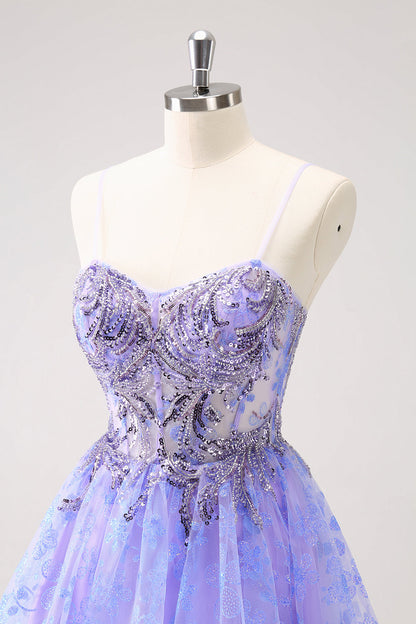 Sparkly Lilac A Line Corset Floral Short Homecoming Dress with Sequins