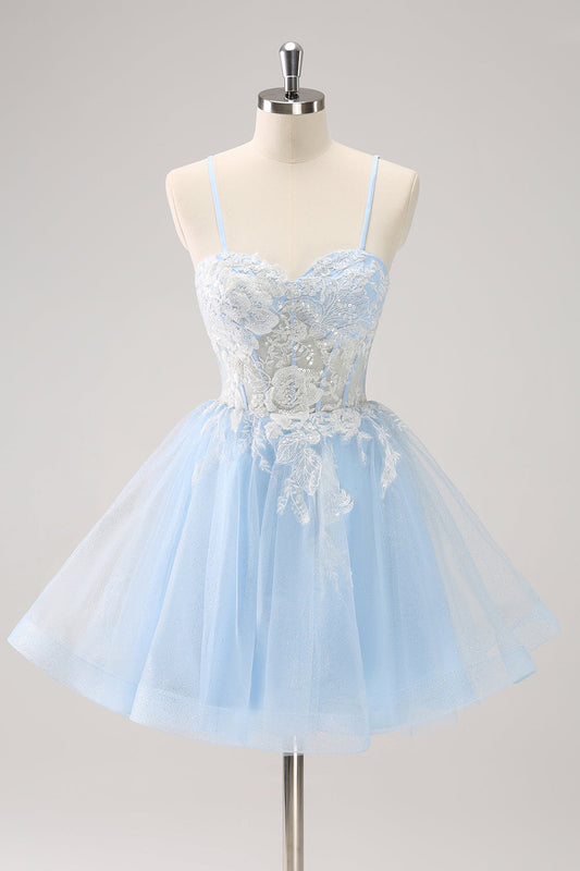 Sparkly Blue A Line Corset Sequin Short Homecoming Dress with Appliques