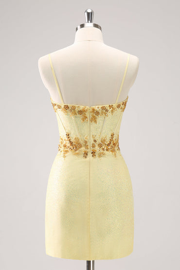 Sparkly Yellow Bodycon Corset Short Homecoming Dress with Beading