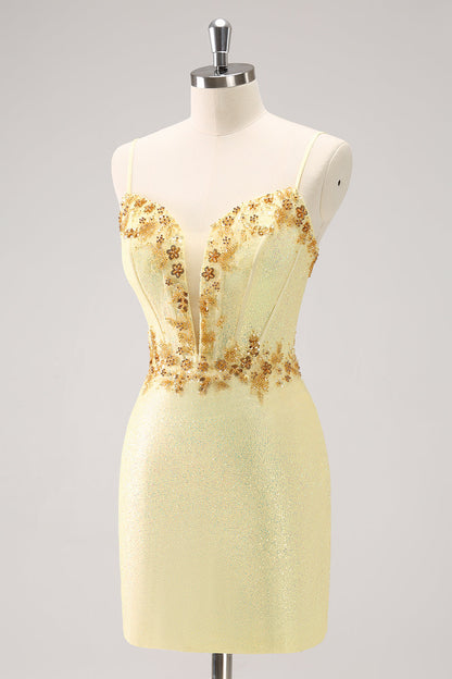 Sparkly Yellow Bodycon Corset Short Homecoming Dress with Beading