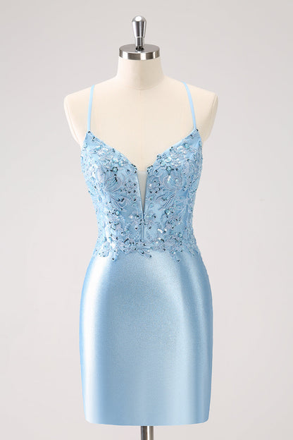 Blue Bodycon Lace Up Back Sequin Short Homecoming Dress with Appliques