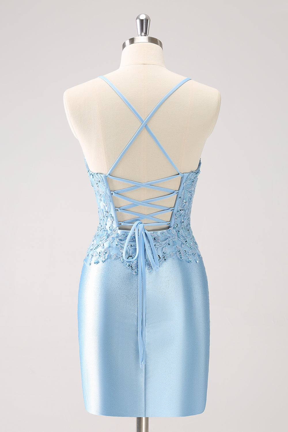 Blue Bodycon Lace Up Back Sequin Short Homecoming Dress with Appliques