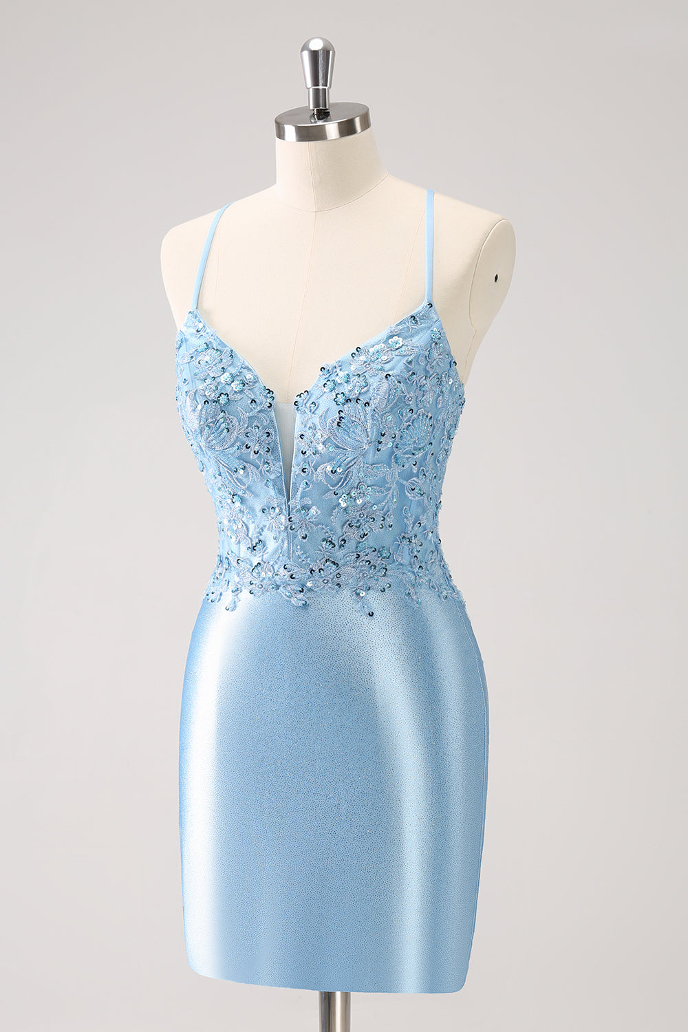 Blue Bodycon Lace Up Back Sequin Short Homecoming Dress with Appliques