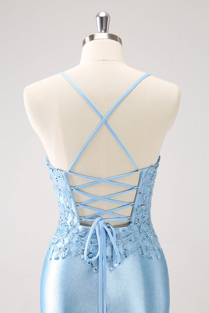 Blue Bodycon Lace Up Back Sequin Short Homecoming Dress with Appliques