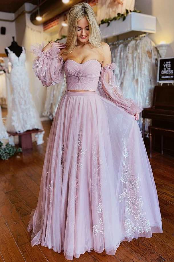 Roycebridal Two-Piece Dusty Pink Strapless A-Line Prom Dress with Sleeves