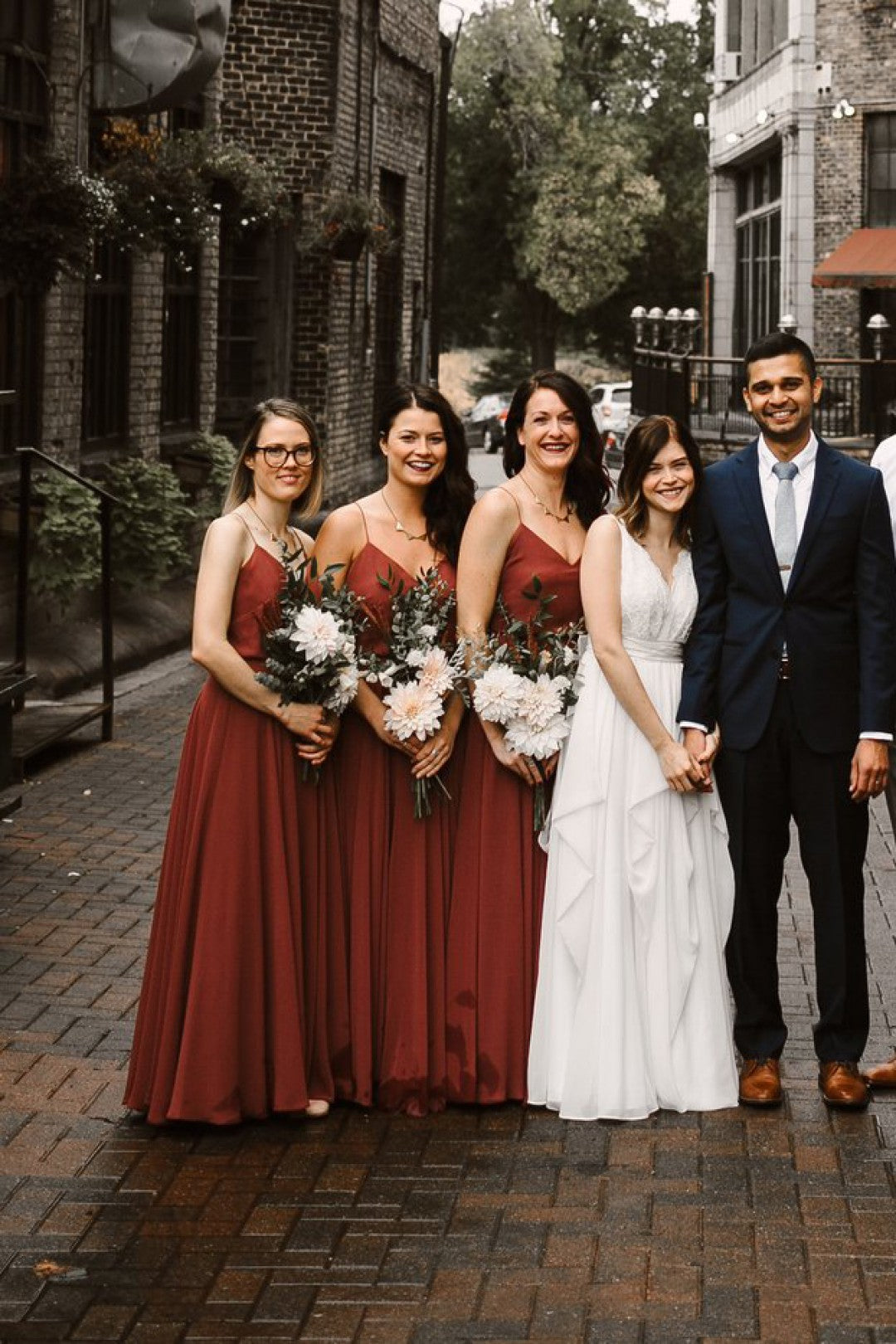 Simple V Neck Chiffon Rust Bridesmaid Dresses Fall Open Back