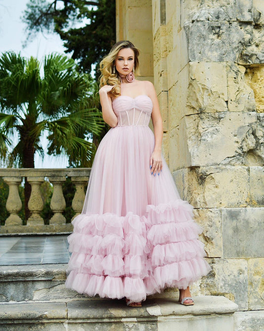 Roycebridal Sutton |A-line Corset Strapless Tulle Prom Dress with Ruffles