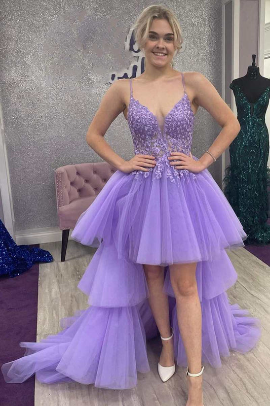 Roycebridal Heaven | High-Low Lavender Lace V-Neck Tiered Prom Dress