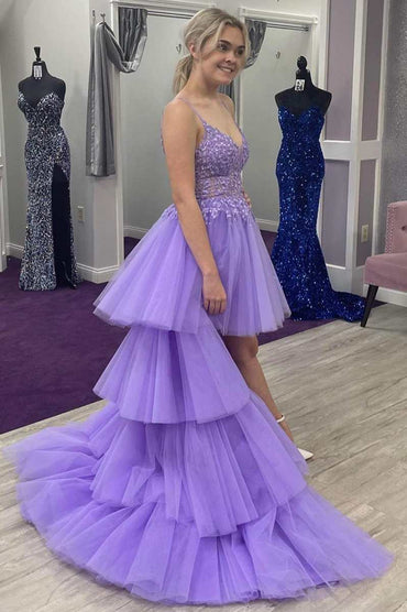 Roycebridal Heaven | High-Low Lavender Lace V-Neck Tiered Prom Dress