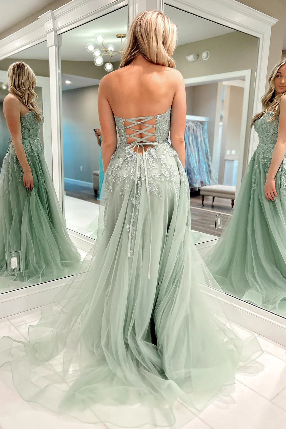 Roycebridal Beulah | A-Line Sweetheart Sage Green Tulle Lace Long Prom Dresses