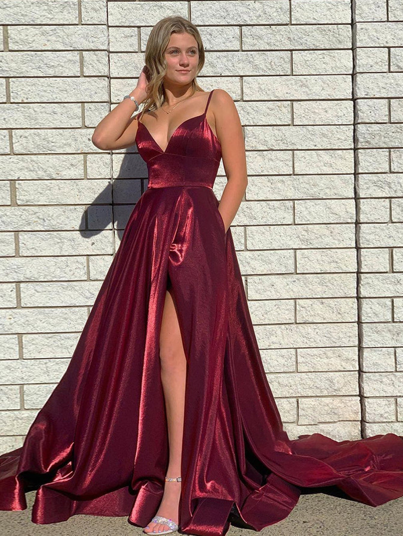 Roycebridal DarkRed Satin A Line Tight Long Prom Dress With Slit