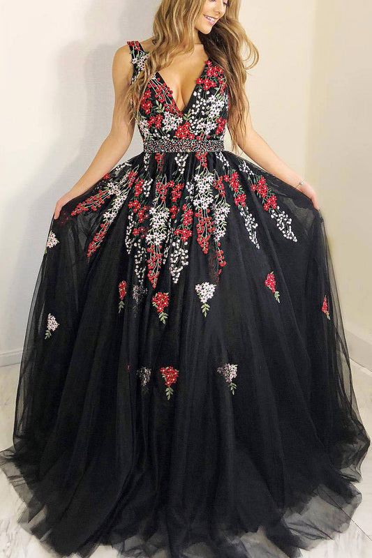 Roycebridal Susie | Princess A-line Black Long Prom Dress with Embroidery