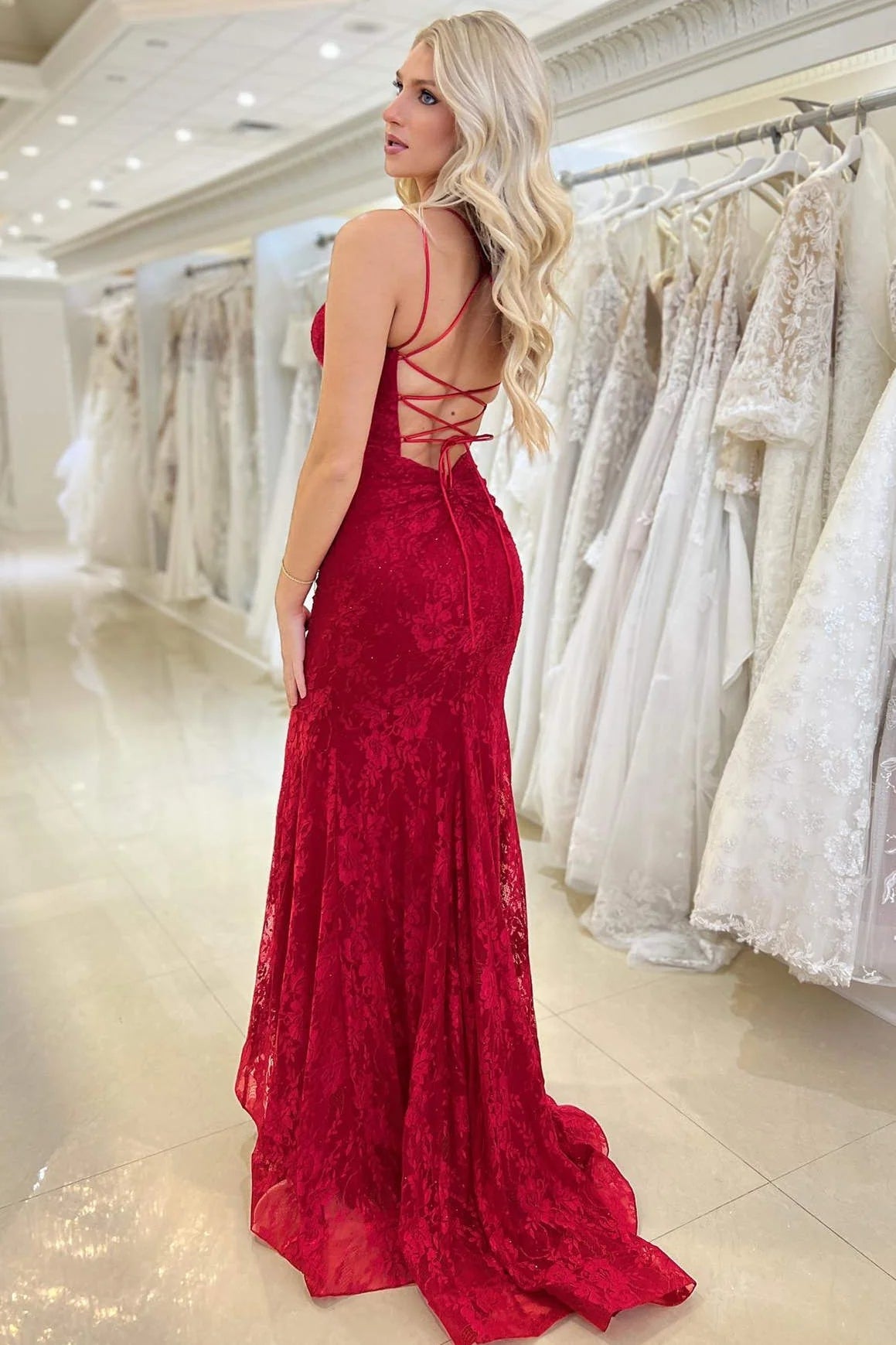 Roycebridal Elsa| Red Lace V Neck Mermaid Prom Dress