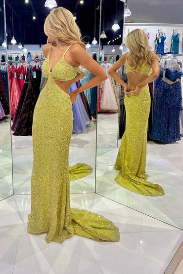 Roycebridal Terri | Mustard Green Sequins Deep V Neck Cutout Long Prom Dresses