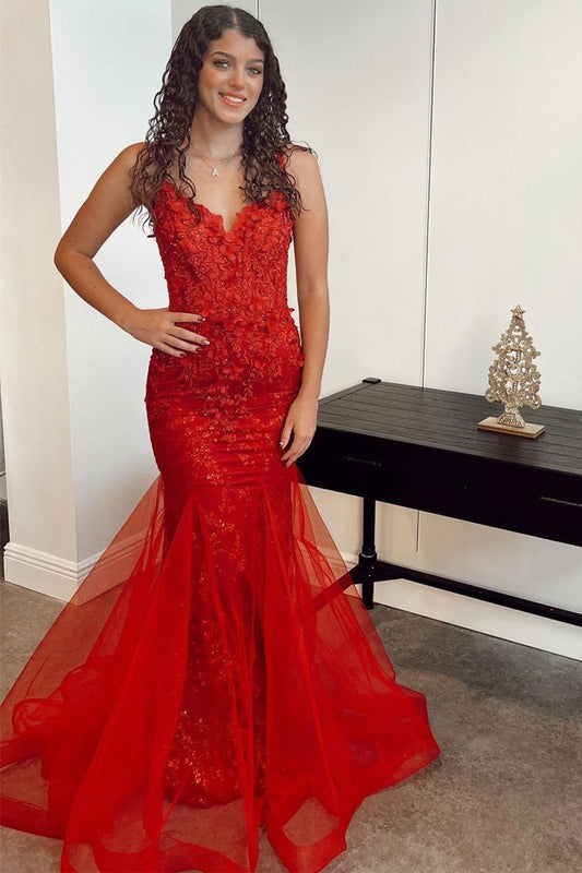 Roycebridal Red Appliqués V-Neck Lace-Up Trumpet Long Prom Dress