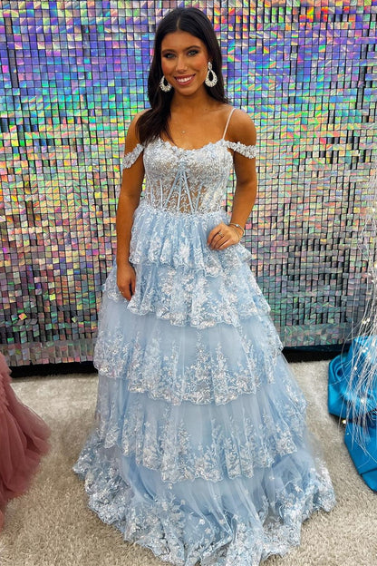 Roycebridal Maureen | Tulle Sequin Cold-Shoulder Ruffle Tiered Long Prom Dress