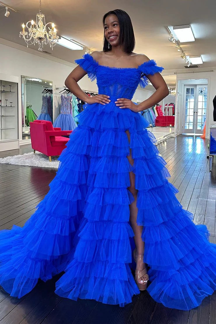 Roycebridal Adalynn | Royal Blue Off the Shoulder Ruffle Tiered Tulle Long Prom Dresses with Slit