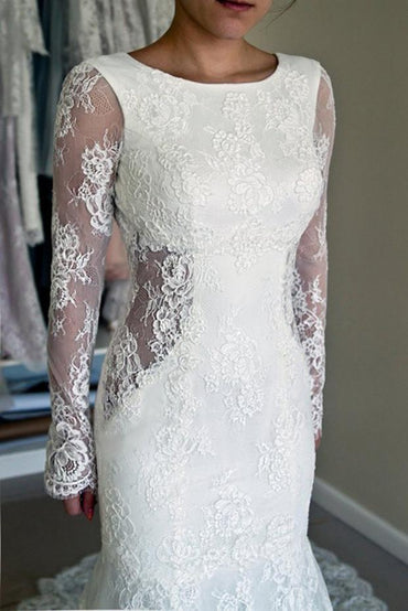 White Lace Mermaid Long Sleeve Backless Wedding Dresses with Sweep Train, MW181|musebridals.com