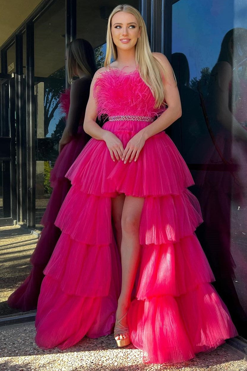 Roycebridal Marie| Fuchsia A-line High-Low Strapless Ruffled Tulle Prom Dress with Feathers