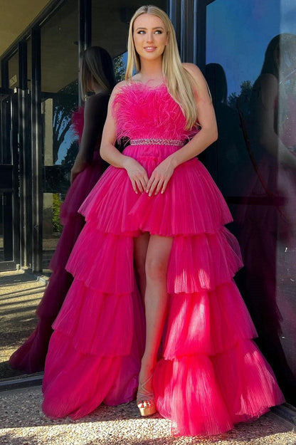 Roycebridal Marie| Fuchsia A-line High-Low Strapless Ruffled Tulle Prom Dress with Feathers