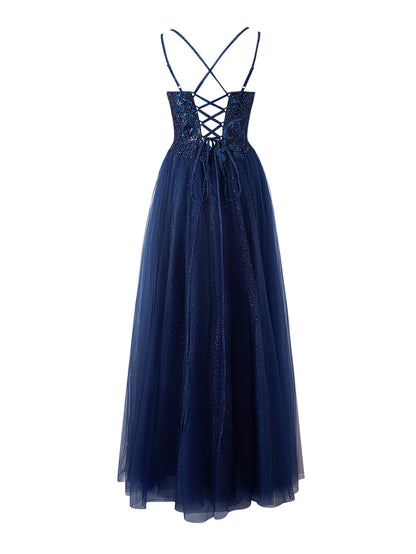 Roycebridal Emily Navy Blue | A-line Floor Length Glitter Tulle Prom Dress