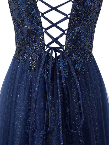 Roycebridal Emily Navy Blue | A-line Floor Length Glitter Tulle Prom Dress