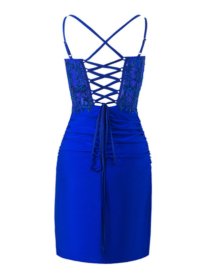 Avery Royal Blue | Sheath Short Spaghetti Strap Jersey Homecoming Dress