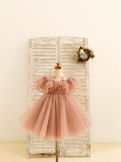 Birthday Party 3D Butterflies Mauve Tulle Ruffles Wedding Flower Girl Dress