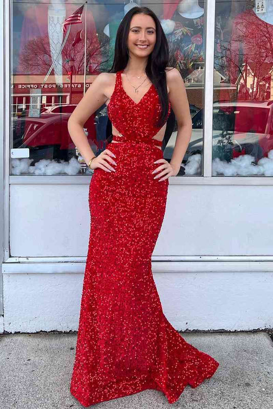 Roycebridal Melody | Red Mermaid V Neck Sequins Backless Long Prom Dress