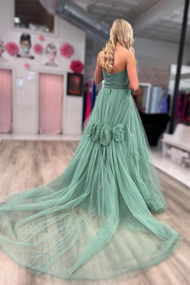 Roycebridal Green Strapless A-Line Tulle Long Prom Dresses