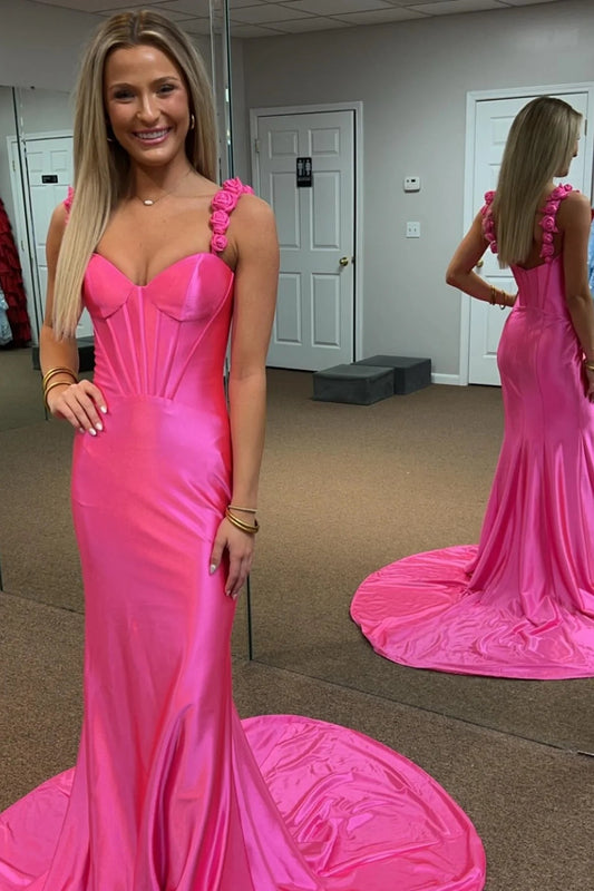 Roycebridal Persephone | Hot Pink Floral Straps Mermaid Satin Long Prom Dress