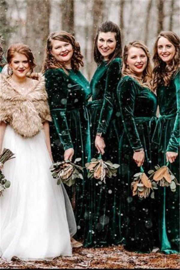 Roycebridal Mermaid Long Sleeves Green Velvet Bridesmaid Dresses