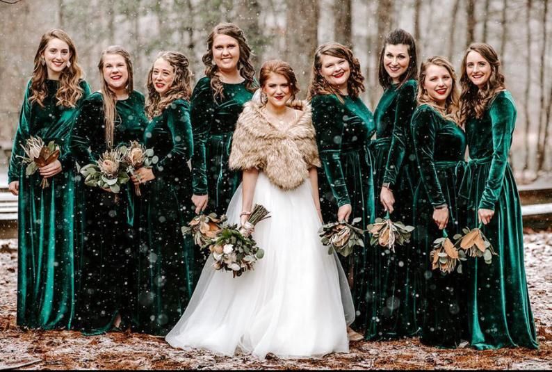 Roycebridal Mermaid Long Sleeves Green Velvet Bridesmaid Dresses