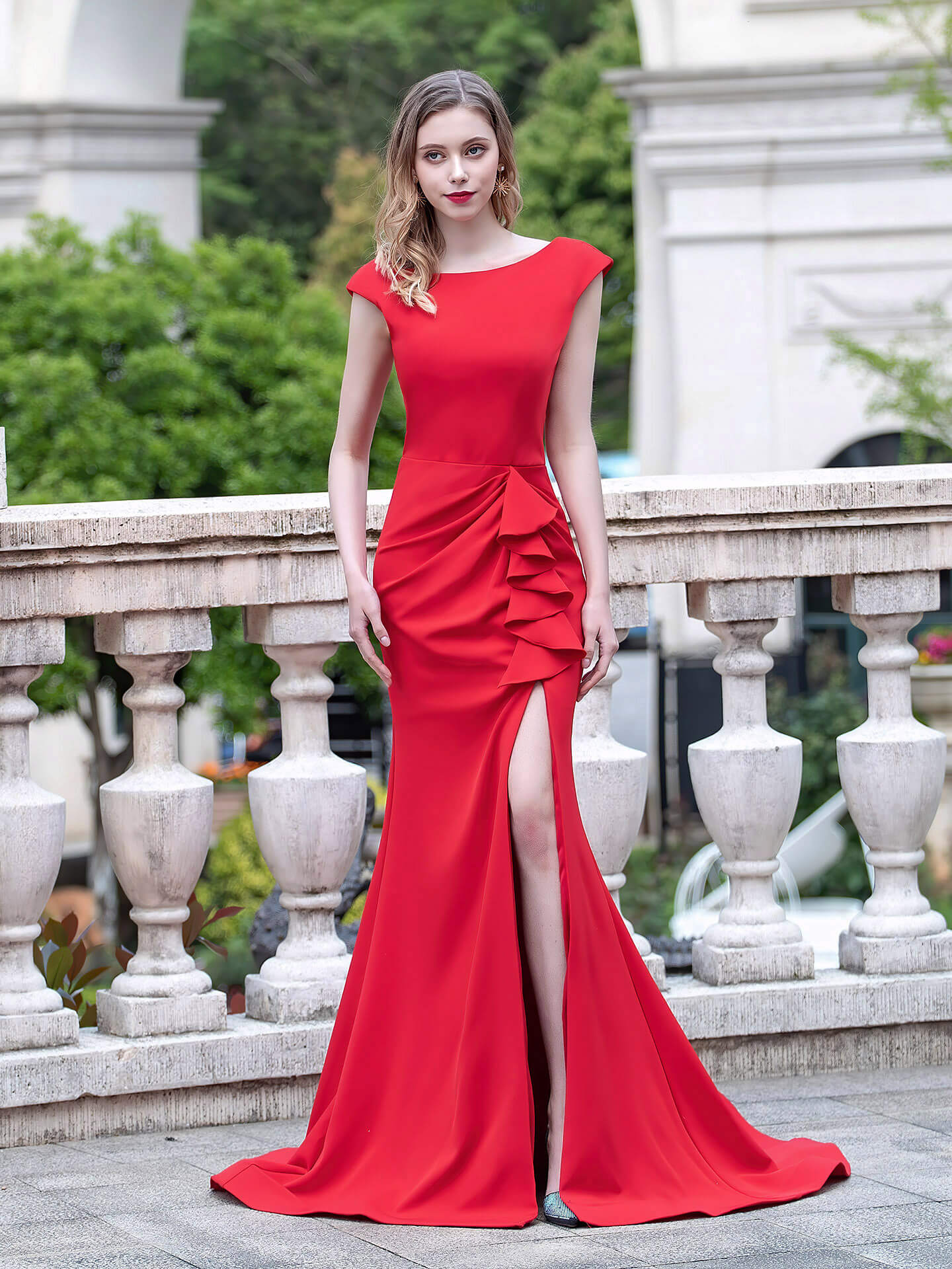 Roycebridal Mermaid / Column Elegant Fashion Formal Evening Dresses Cap Sleeveless with Slit Floor Length