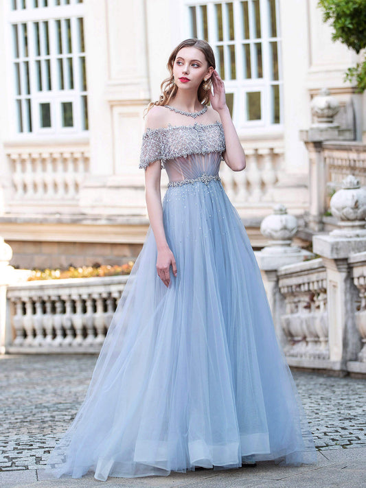 Roycebridal Roycebridal A-Line Tulle Beaded Luxurious Fashion Formal Evening Dresses Short Sleeves Floor Length Prom Dresses