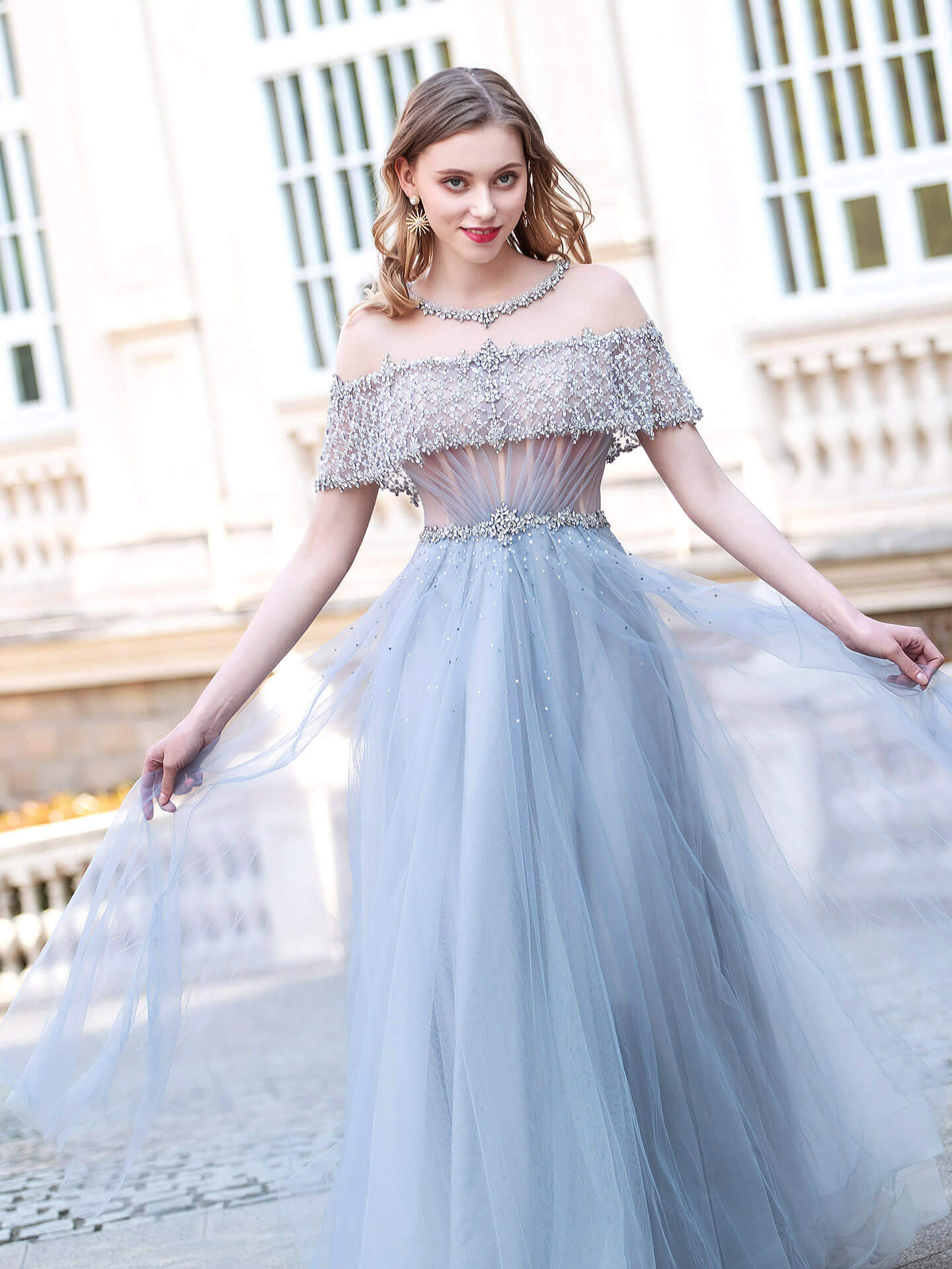 Roycebridal Roycebridal A-Line Tulle Beaded Luxurious Fashion Formal Evening Dresses Short Sleeves Floor Length Prom Dresses