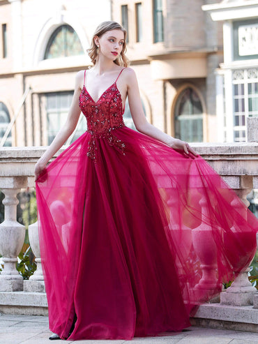 Roycebridal A-line Luxurious Sexy Formal Evening Dresses Spaghetti Strap Sleeveless With Slit Floor Length Prom Dresses