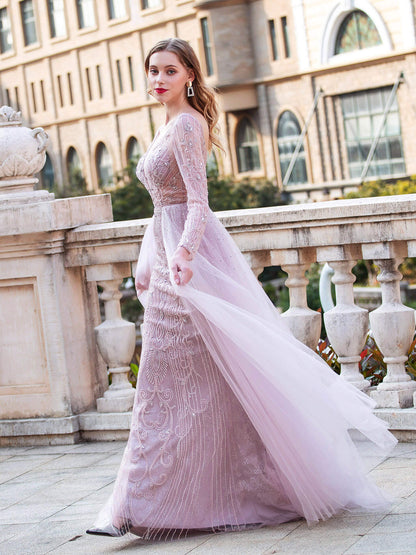 Roycebridal Roycebridal Mermaid V-neck Beaded Luxurious Fashion Formal Evening Dresses Long Sleeve Floor Length Prom Dresses