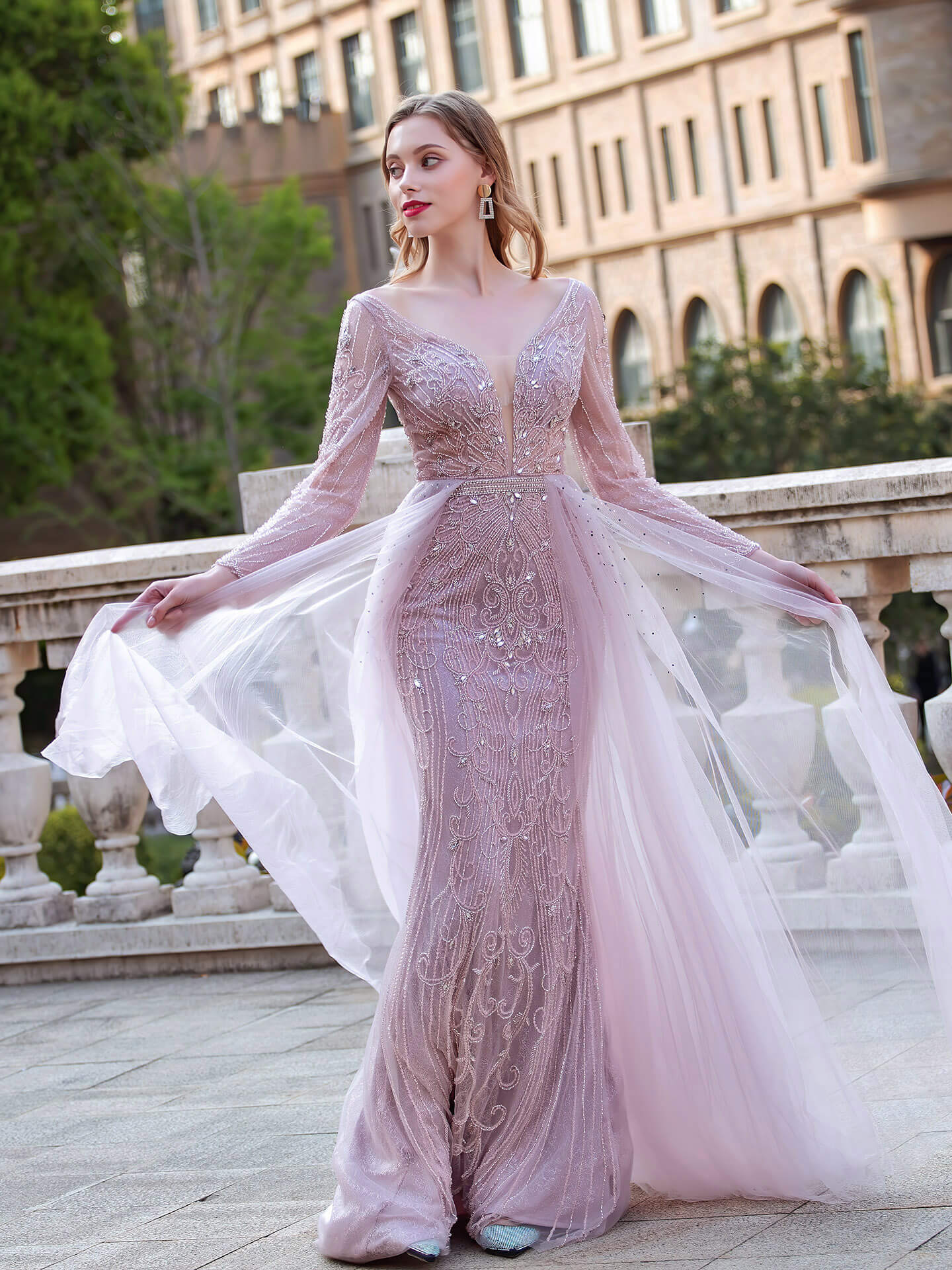 Roycebridal Roycebridal Mermaid V-neck Beaded Luxurious Fashion Formal Evening Dresses Long Sleeve Floor Length Prom Dresses