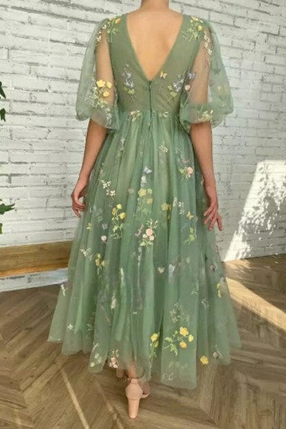 Roycebridal Green V Neck Short Sleeves Ankle Length Floral Tulle Short Prom Dresses